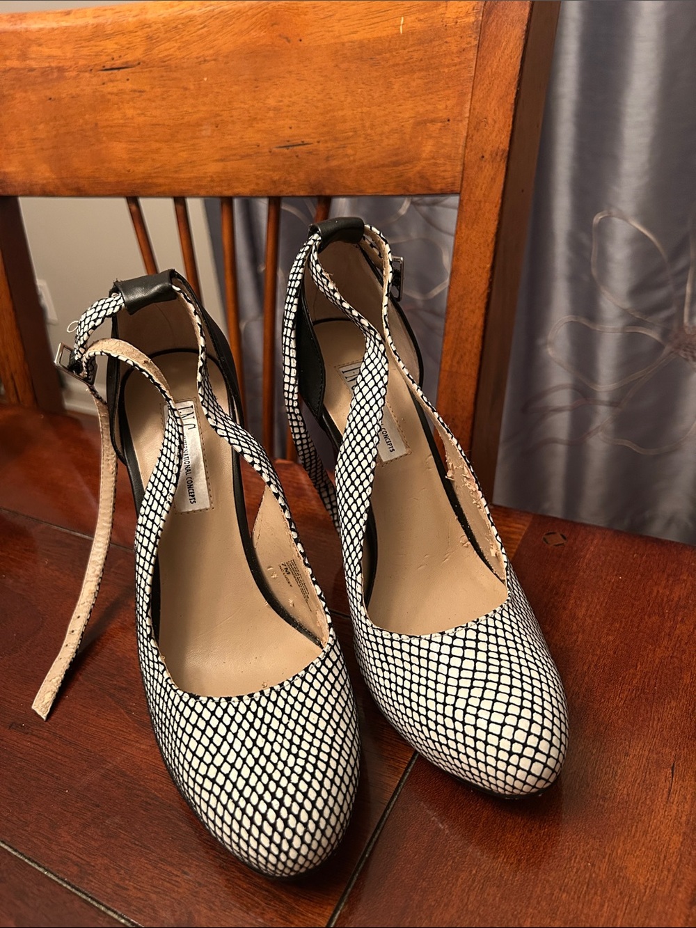 INC International Concepts Black and White Mesh-Pattern Ankle-Strap Heels